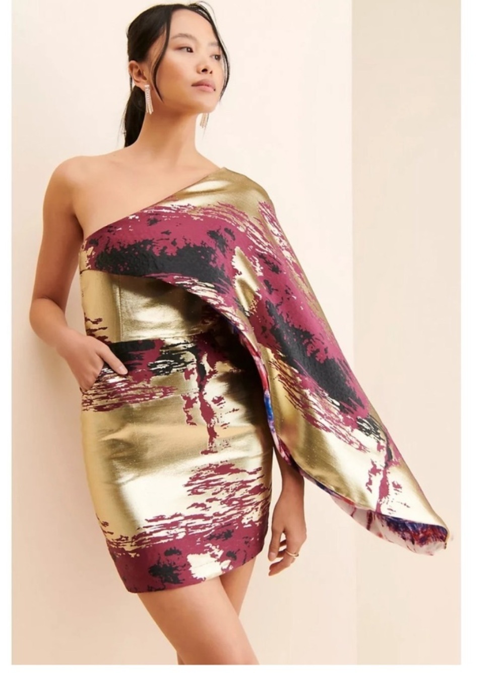 Free People NWT KAHINDO One-Shoulder Metallic Gold and Burgundy Mini Dress